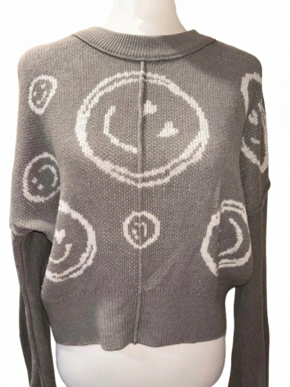 SO Juniors Small Gray Smiley Face Knit Batwing & Ribbed Oversized Sweater